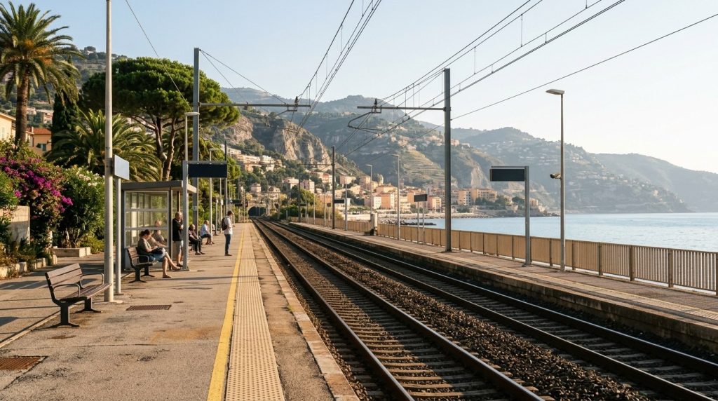 Coastal TER train platform along the Riviera near Menton, France