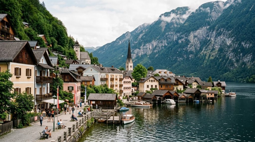 Pastel houses and moored boats on the lakeside square in Hallstatt