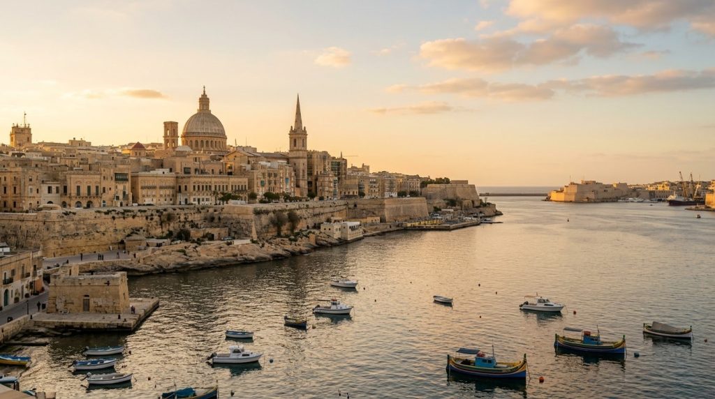 Baroque waterfront buildings along Valletta's Grand Harbour, Malta