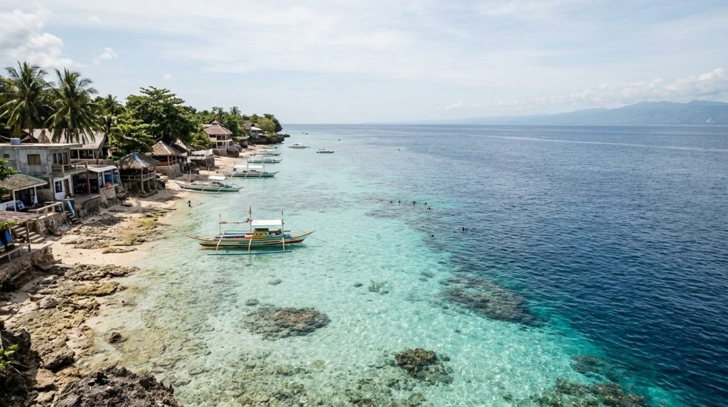 Outrigger boat anchored over the coral drop-off at Moalboal, Cebu