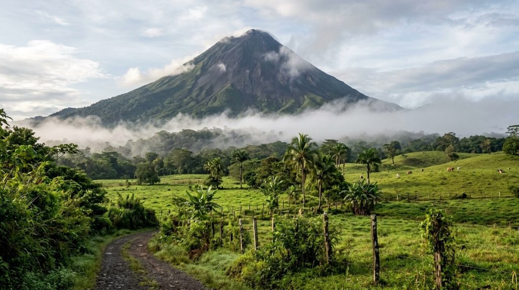 Arenal Volcano rising above green farmland near La Fortuna, Costa Rica