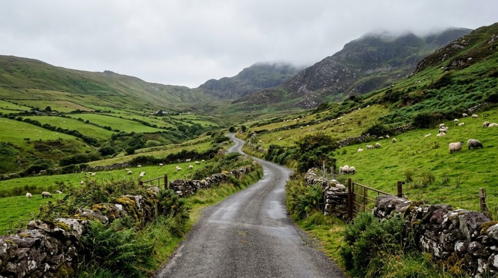 Countryside road with stone walls toward the Conor Pass near Dingle