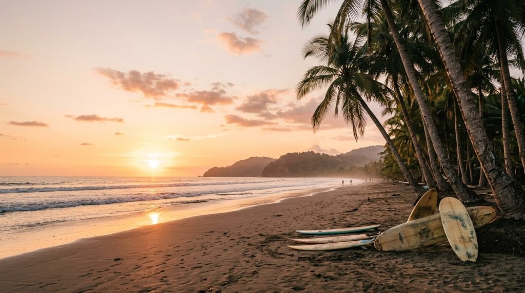 Palm-lined Jaco Beach in Costa Rica at sunset with gentle surf