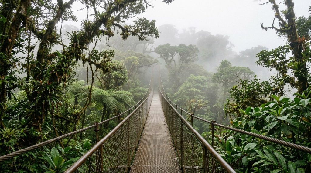 Misty canopy walkway through the Monteverde cloud forest, Costa Rica