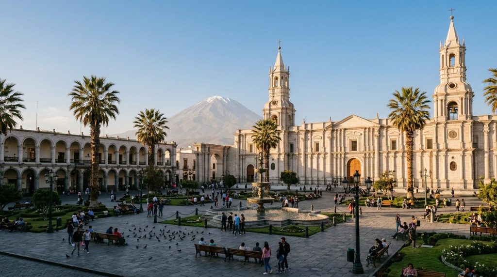 Plaza de Armas with El Misti volcano on the horizon in Arequipa, Peru