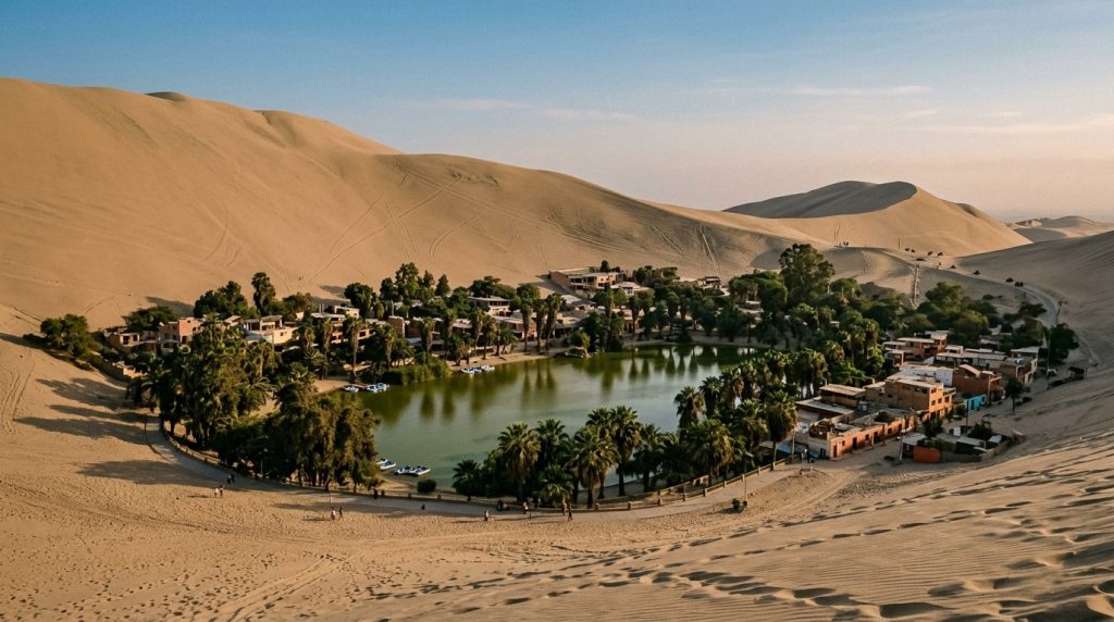 Palm trees reflected in the oasis lagoon at Huacachina, Peru