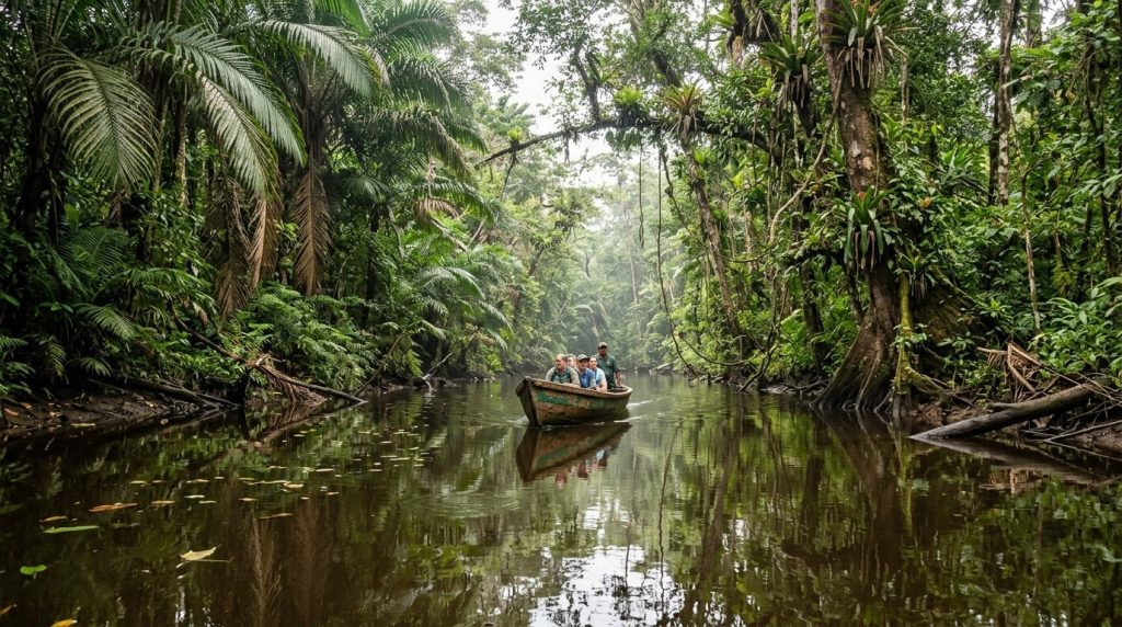 Small boat gliding along a jungle canal in Tortuguero, Costa Rica