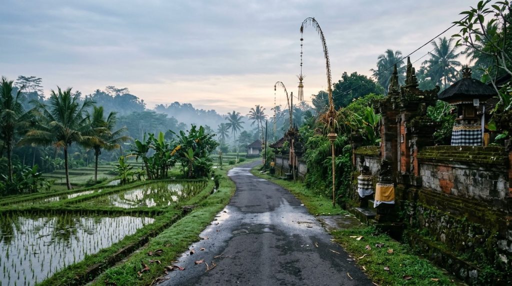 Empty street beside rice paddies during Nyepi in Ubud, Bali