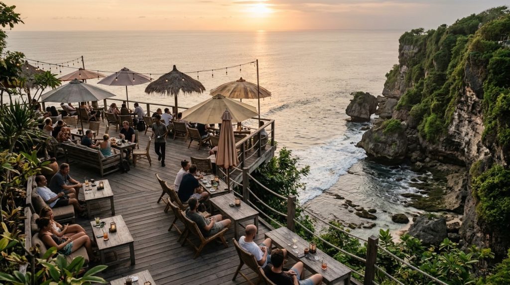 Clifftop bar terrace facing the ocean above Suluban Beach, Uluwatu