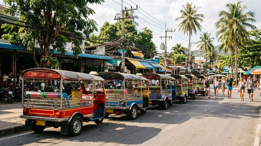 Tuk-tuks parked along a street in Patong, Phuket, Thailand