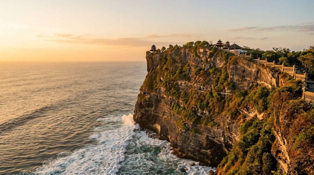 Cliffside ocean view at Uluwatu Temple in Bali during sunset