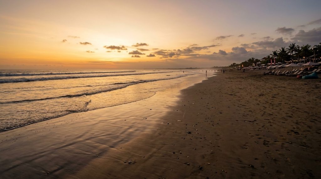 Sunset over the sand at Seminyak Beach in Bali