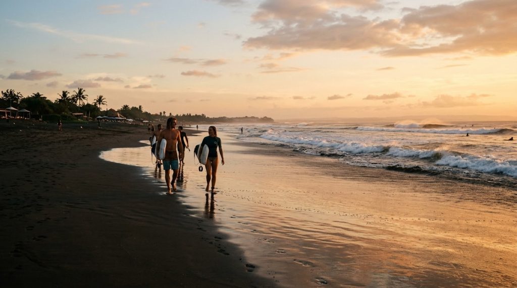 Surfers on the black sand at Echo Beach in Canggu, Bali