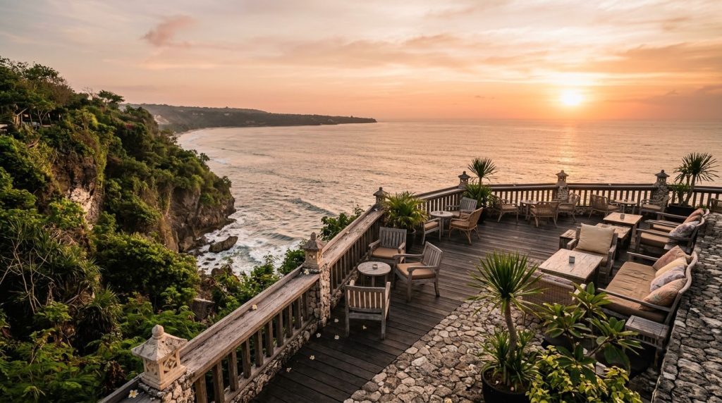Cliffside ocean terrace at Jimbaran, Bali during sunset