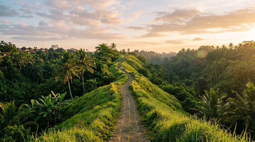 Golden sunset light over Campuhan Ridge Walk in Ubud, Bali