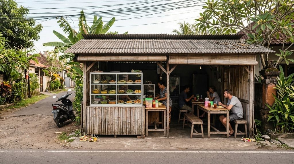 A local warung food stall on a street in Canggu, Bali