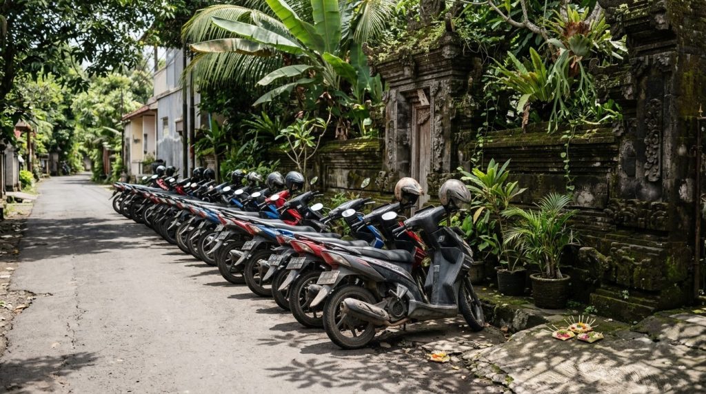 Rental scooters parked along a street in Ubud, Bali