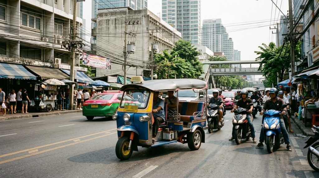 A tuk-tuk on a busy street in central Bangkok