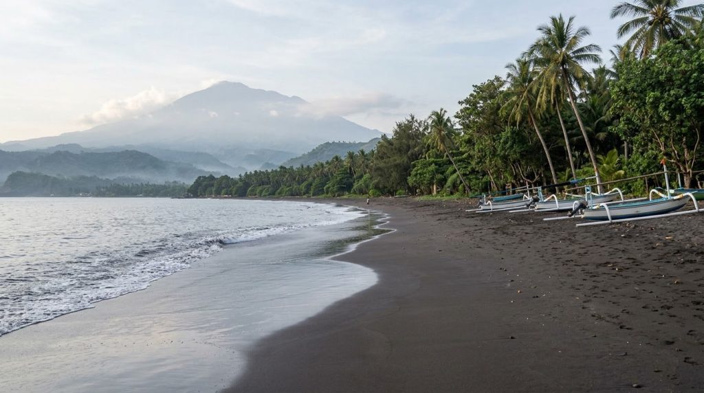 A quiet beach near Senggigi, Lombok with Mount Rinjani in view