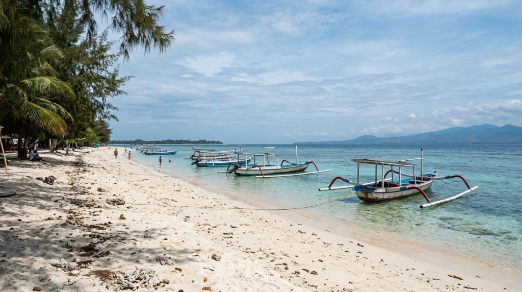 A white sand beach with boats on Gili Trawangan, Lombok