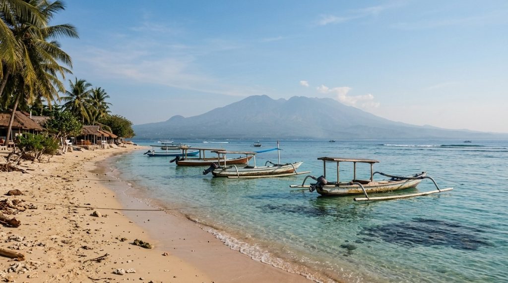 A calm bay with boats near Gili Air, Lombok, Indonesia