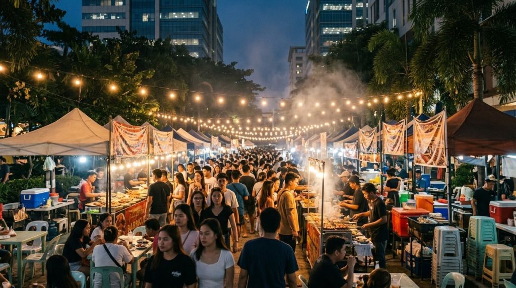 Food stalls at an evening market in IT Park, Cebu City