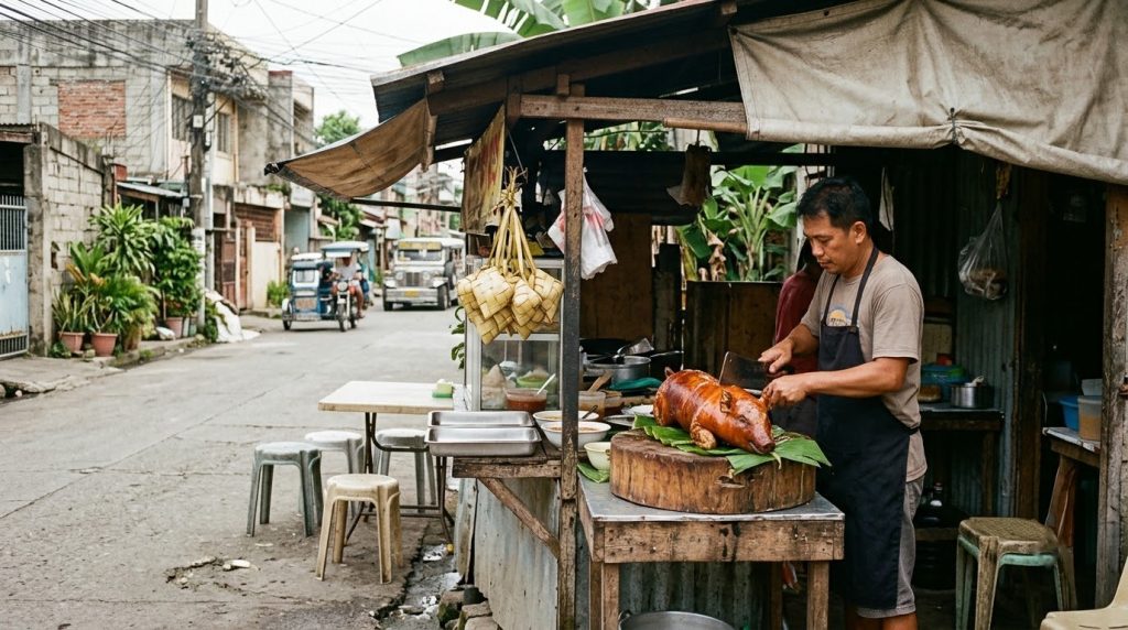 A street food stall selling lechon in Cebu City, Philippines