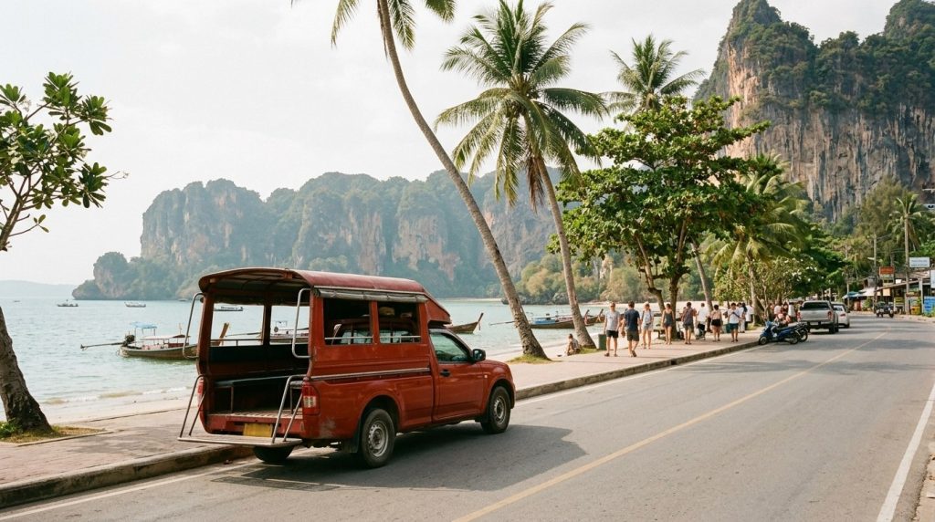 A songthaew truck on the beachfront road in Ao Nang, Krabi