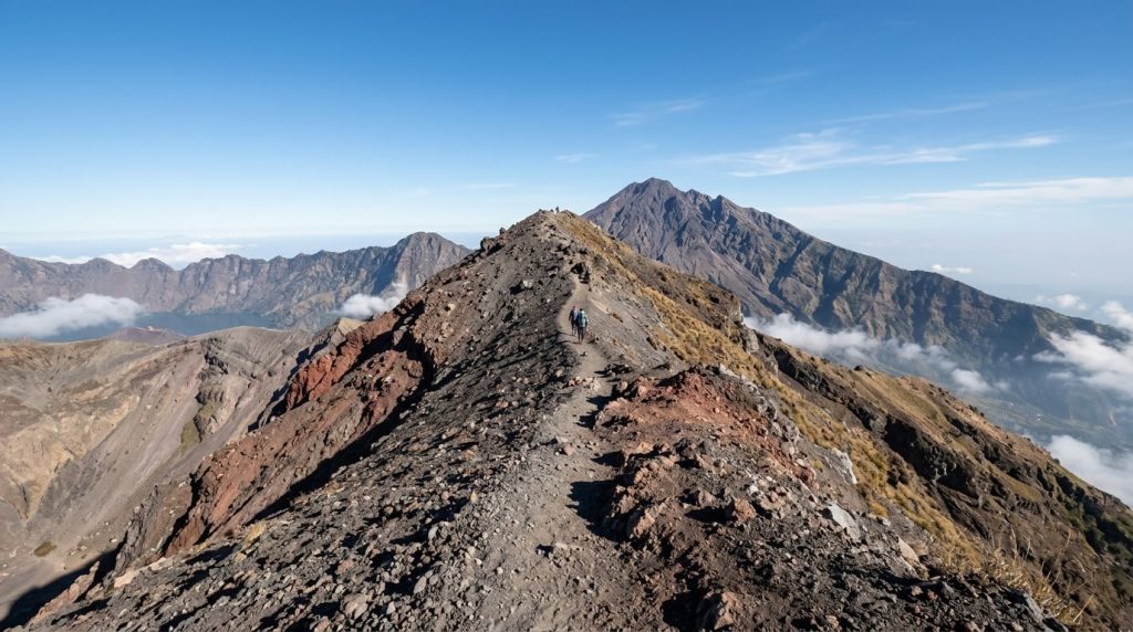 The rocky summit ridge trail on Mount Rinjani, Lombok
