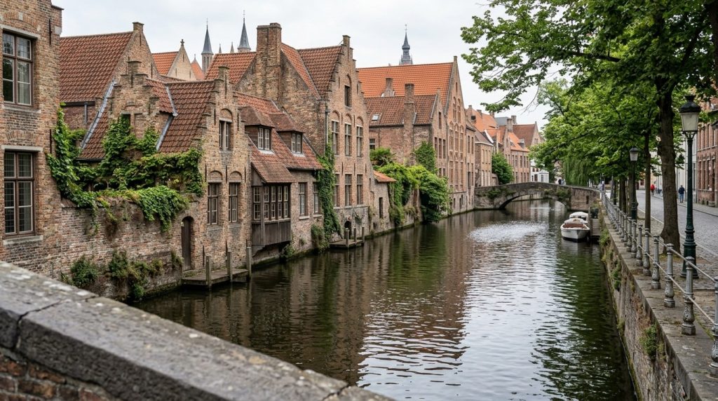 A quiet canal lined with medieval houses in Bruges, Belgium