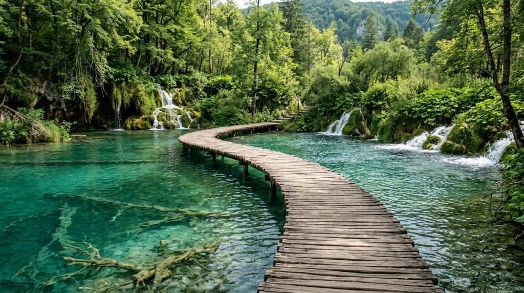 A wooden boardwalk over turquoise water at Plitvice Lakes, Croatia