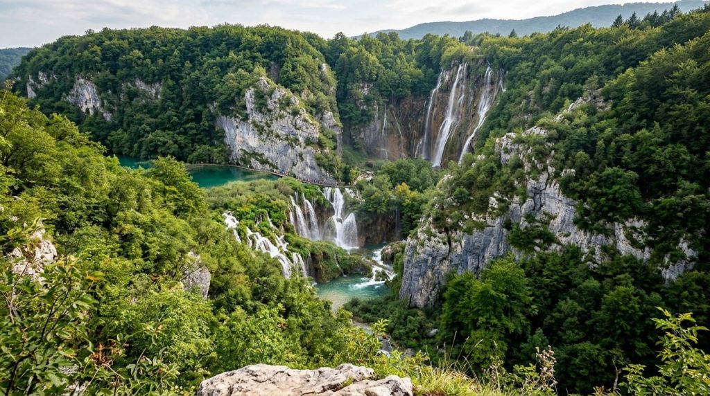 A cascading waterfall at the Lower Lakes in Plitvice, Croatia