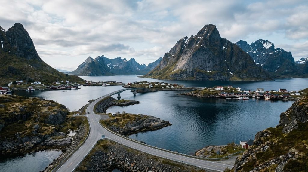 The coastal road winding past fjords near Reine, Lofoten