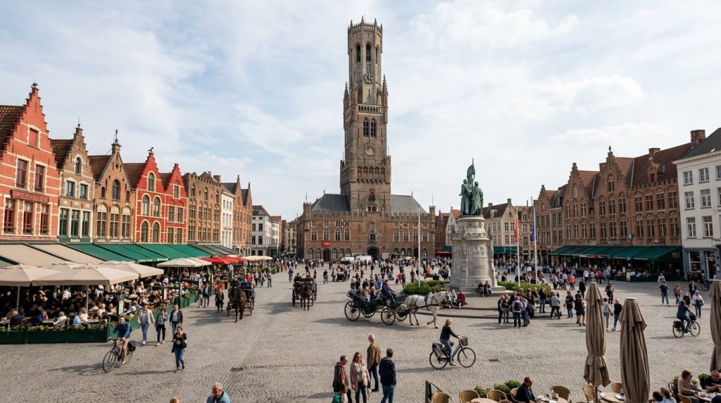 The historic Markt square with the Belfry tower in Bruges