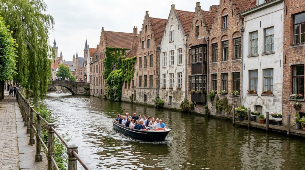 A canal boat cruising past houses in central Bruges, Belgium