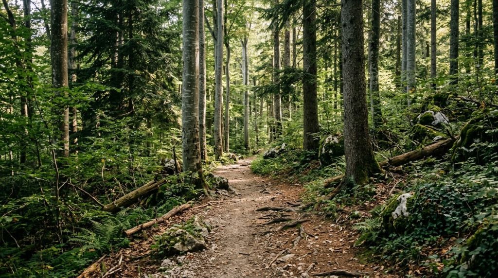 A forest hiking trail in Plitvice Lakes National Park, Croatia
