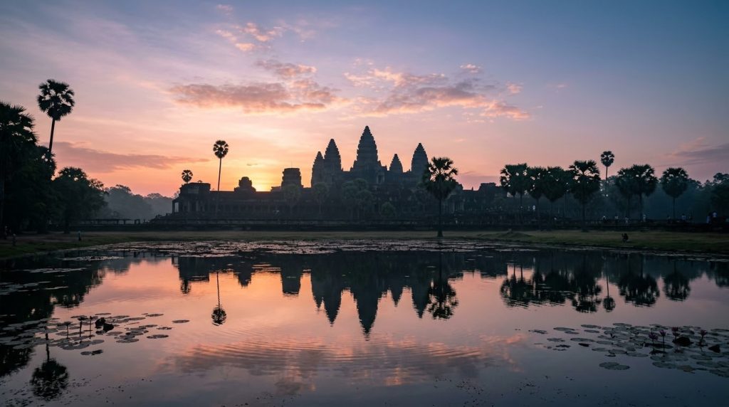 Angkor Wat silhouetted against a sunrise sky near Siem Reap