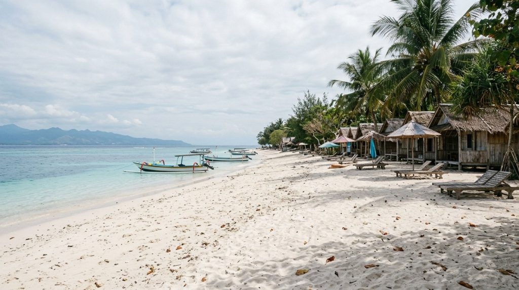 A white sand beach with huts on Gili Trawangan near Lombok