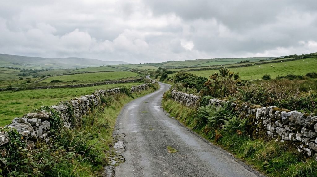 A rural road with stone walls near Lisdoonvarna, County Clare