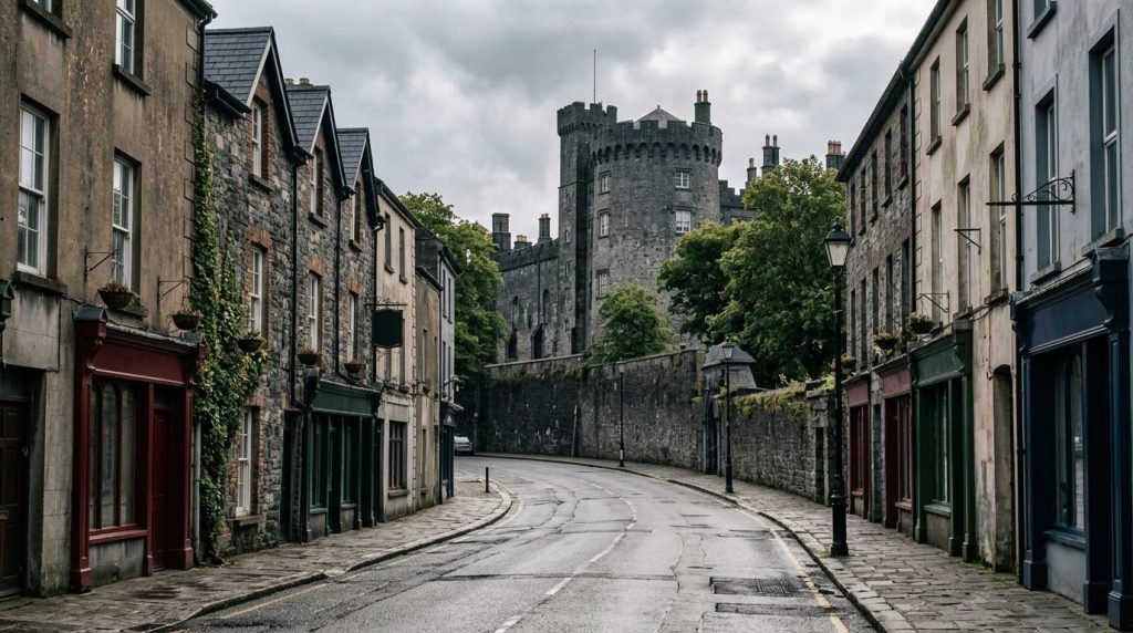A quiet street near Kilkenny Castle in Kilkenny, Ireland