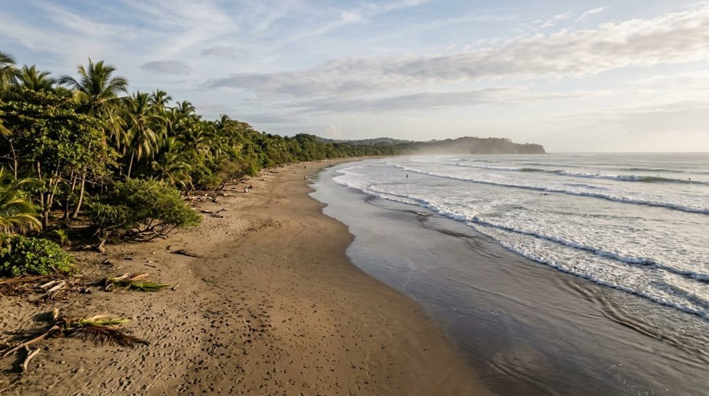 Playa Guiones beach near Nosara, Costa Rica with palm trees