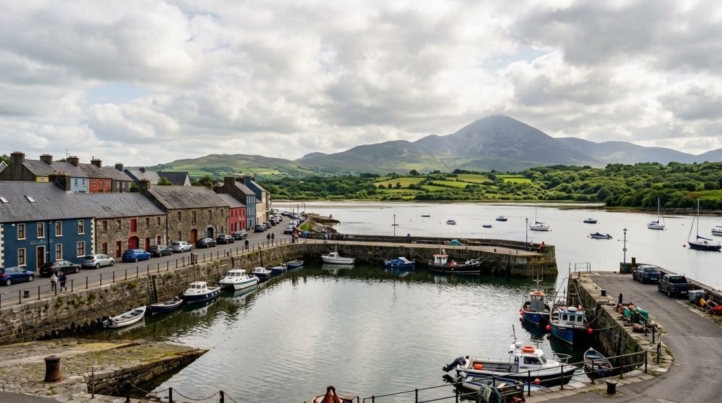 Westport Quay waterfront with Croagh Patrick in the distance