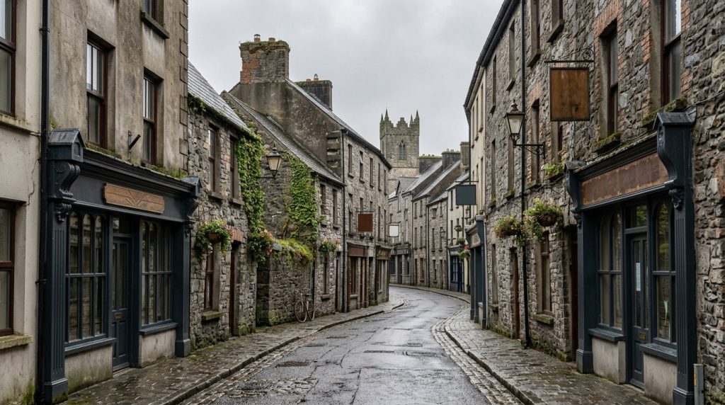 A narrow street in the medieval centre of Ennis, Ireland