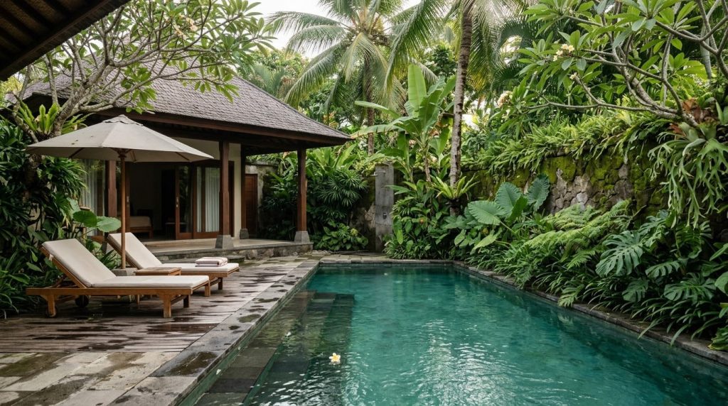 A private villa pool surrounded by tropical plants in Seminyak, Bali