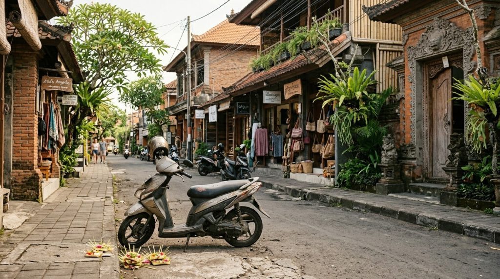 A scooter parked on a quiet street in central Ubud, Bali