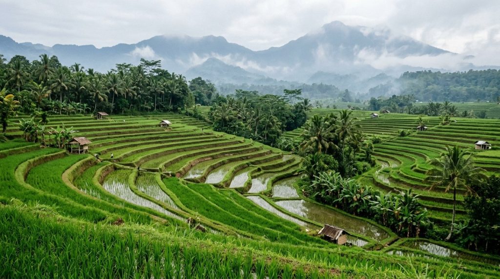 Green rice terraces in the highlands of Sidemen, Bali