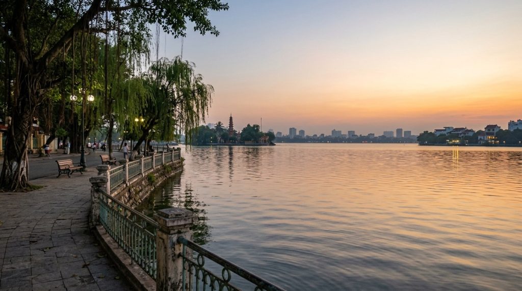 West Lake in Hanoi, Vietnam with a quiet lakeside path at sunset