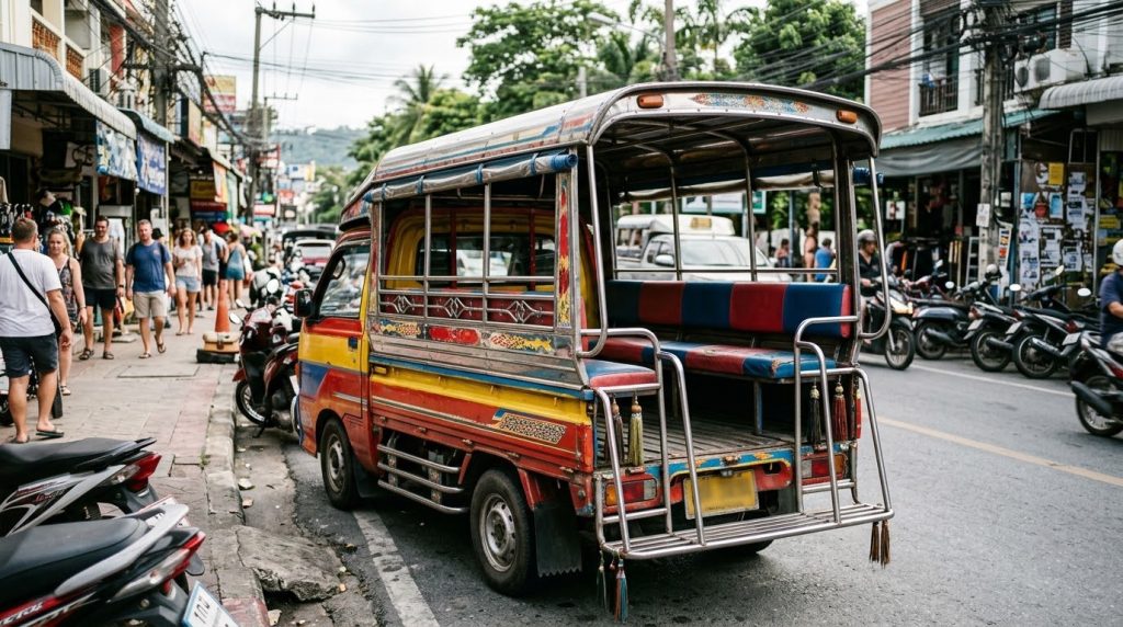 Pickup-truck style tuk-tuk waiting for passengers on a Patong street in Phuket