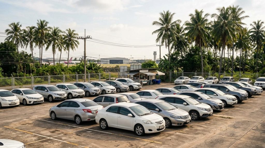 Rental cars lined up at a car hire lot near Phuket airport