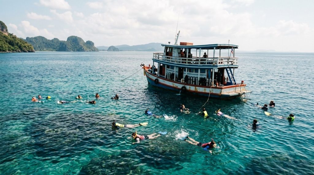 Divers and a boat anchored over a coral reef near Phuket's Andaman coast